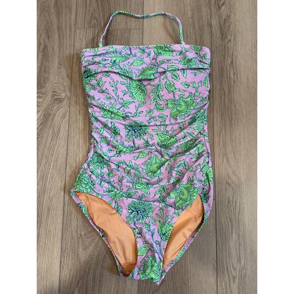 J.Crew Strapless Adjustable Floral Lilac Green Resort One Piece Swimsuit Small - Picture 1 of 4